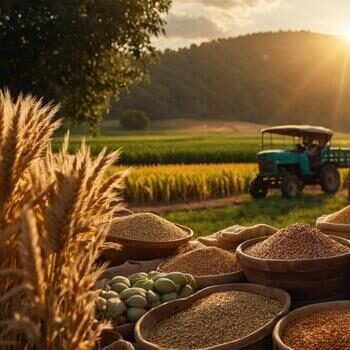 vibrant-sunset-over-a-rural-landscape-with-a-tractor-and-grain-baskets-at-a-harvest-market-photo